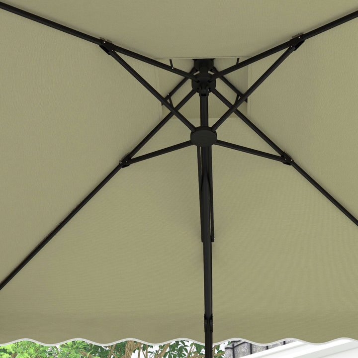 Haveparasol, hængende parasol, dekorativ kant, ventileret tag, metalramme, 2,4x2,4x2,6m, beige