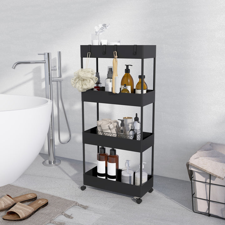 Køkkenvogn med 4 hylder, 4 fleksible kroge, 4 hjul, 40 cm x 19 cm x 90 cm, nichevogn, sort