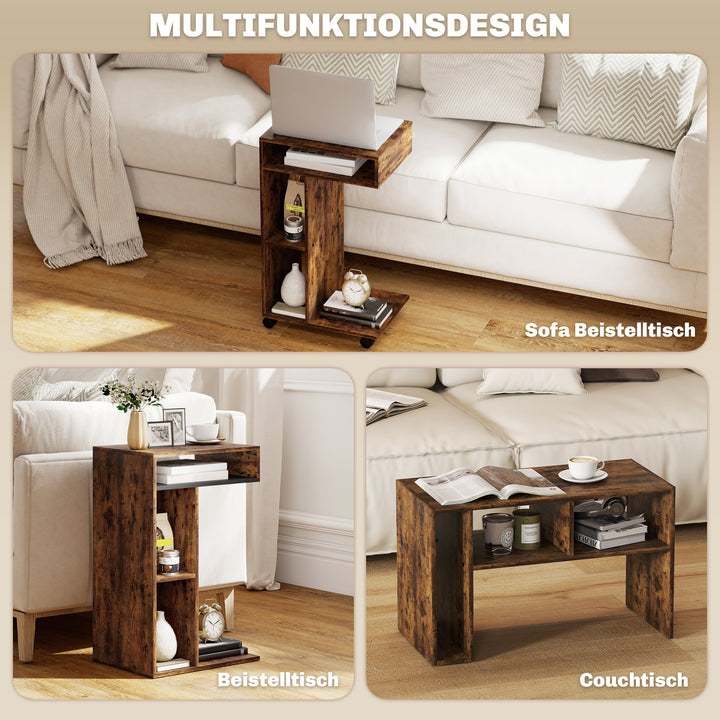 Sidebord, C-formet serveringsvogn, 4 hjul, 3 rum, 40 x 30 x 69 cm, rustik brun