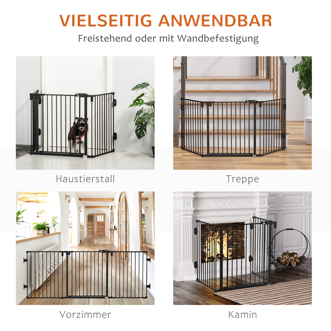 Hundebarrierer sikkerhedslåge kæledyrssikkerhedslåge justerbar foldbar pejsrist med automatisk lukning 3 paneler til komfur vægmonteret/fritstående sort 202,5 x 76 cm
