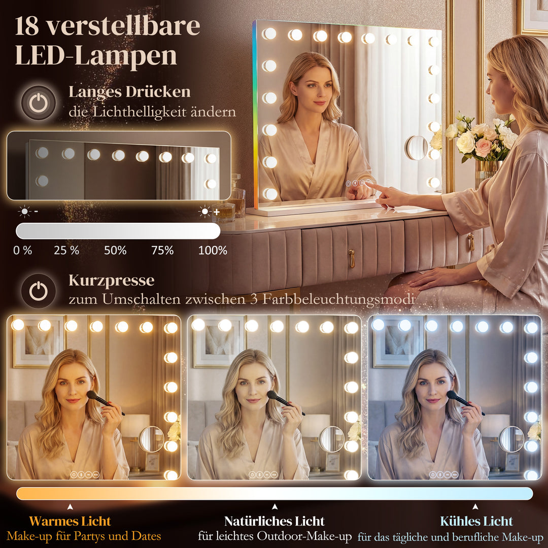 Hollywood makeupspejl med 18 dæmpbare LED-lys, 3 farver, RGB-lys, Bluetooth-højttaler, 10x forstørrelse, hvid