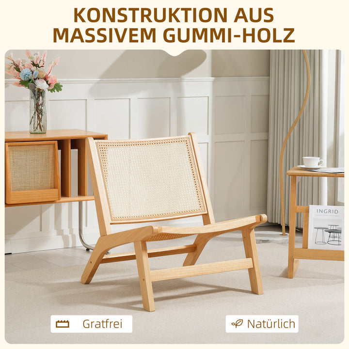 Rattanstol, læsestol, træramme, bredt sæde, 64 x 70 x 74 cm, naturtræ