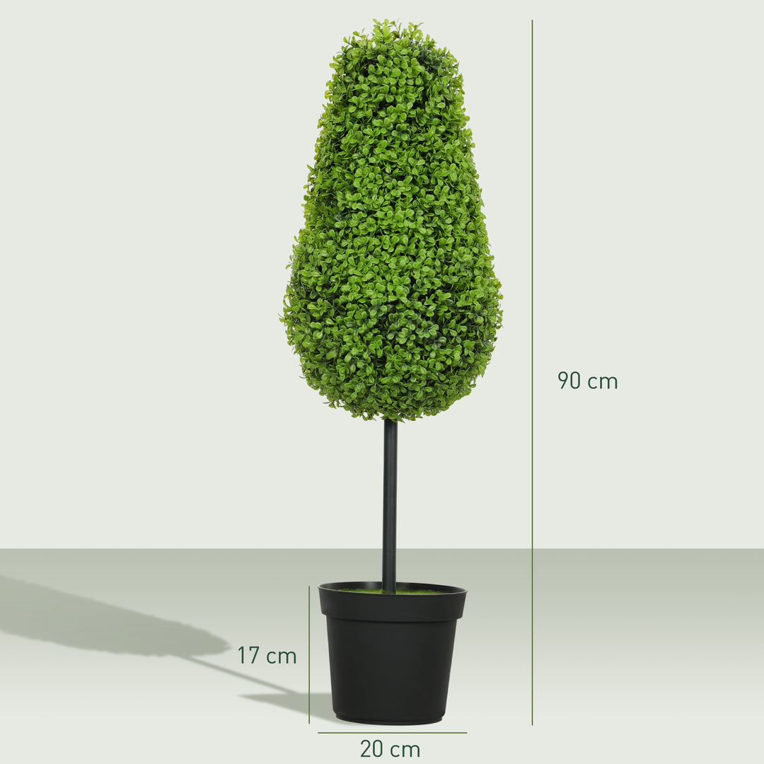 Sæt med 2 kunstige buksbomplanter 90 cm i dråbeform, kunstige plastikplanter i potte, moderne dekoration