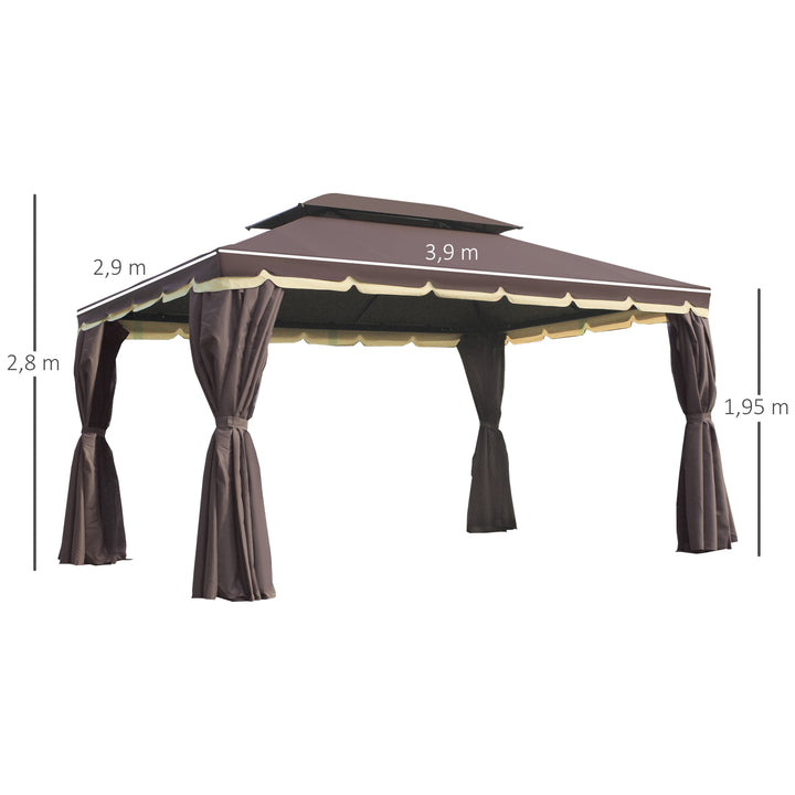Havepavillon, lysthus, 390 x 290 x 280 cm, havetelt, partytelt med 4 sidepaneler, myggenet, vejrbestandig, aluminium, polyester, kaffe+sort