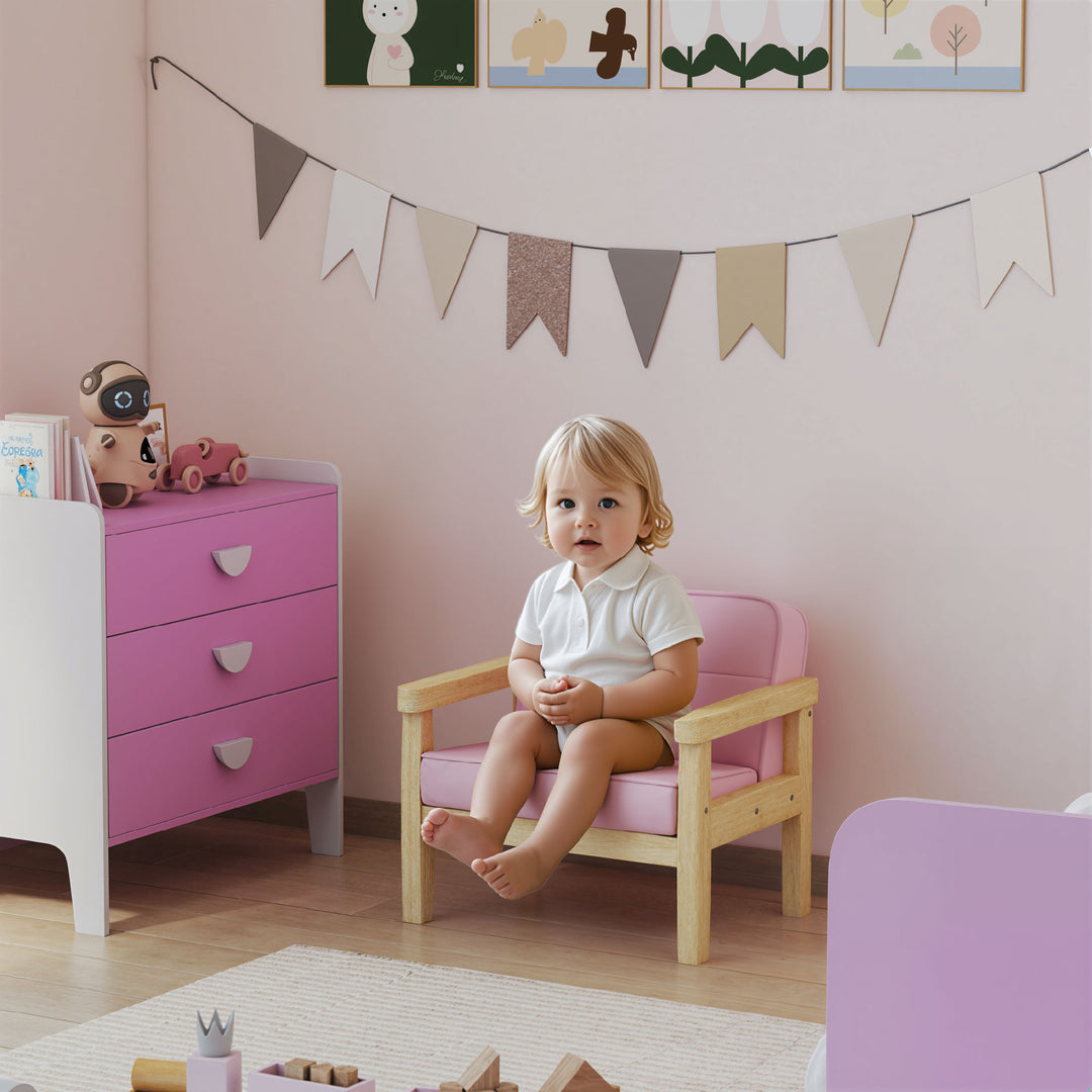 Børnelænestol/sofa med fløjlslook, ben i massivt træ, skumhynde, børnestol til børneværelse/legerum, 46,5 x 44 x 45 cm, til børn 3-8 år, pink