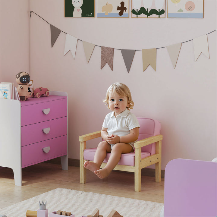 Børnelænestol/sofa med fløjlslook, ben i massivt træ, skumhynde, børnestol til børneværelse/legerum, 46,5 x 44 x 45 cm, til børn 3-8 år, pink