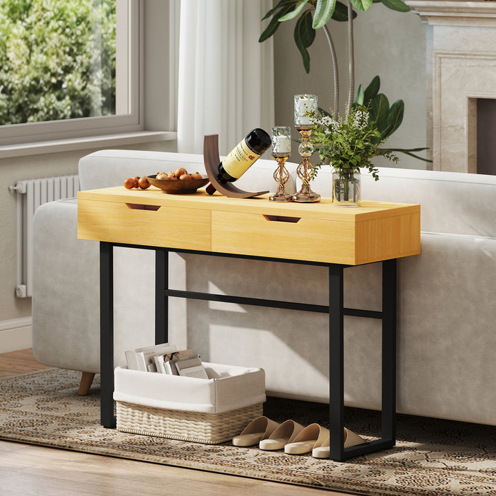 Konsolbord, smalt entrebord med 2 skuffer, metalstel, til entre, 110 x 35 x 76,5 cm, naturlig finish