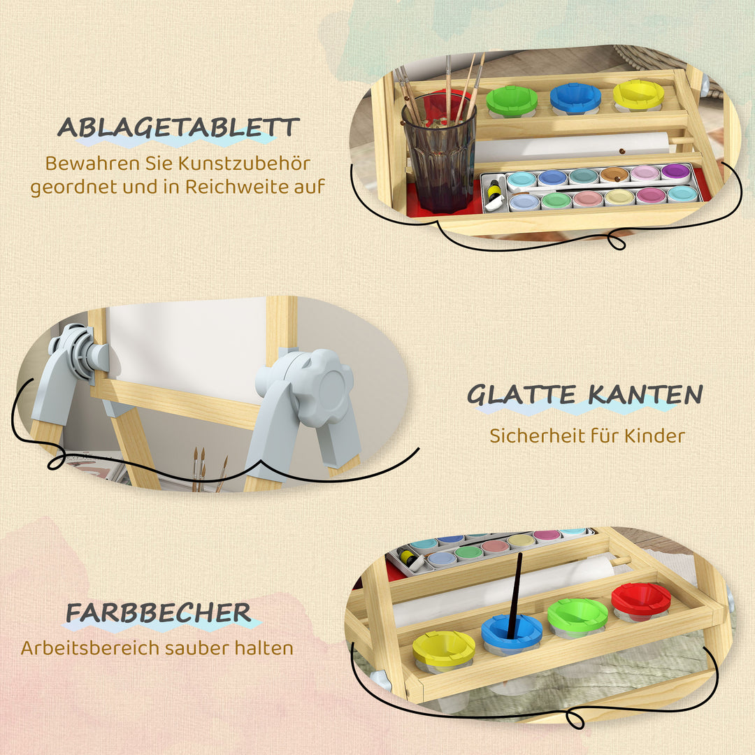 Børnestaffeli i træ, dobbeltsidet whiteboard og kridttavle, højdejusterbar stående kridttavle med papirrulle, hylde, naturfarvet
