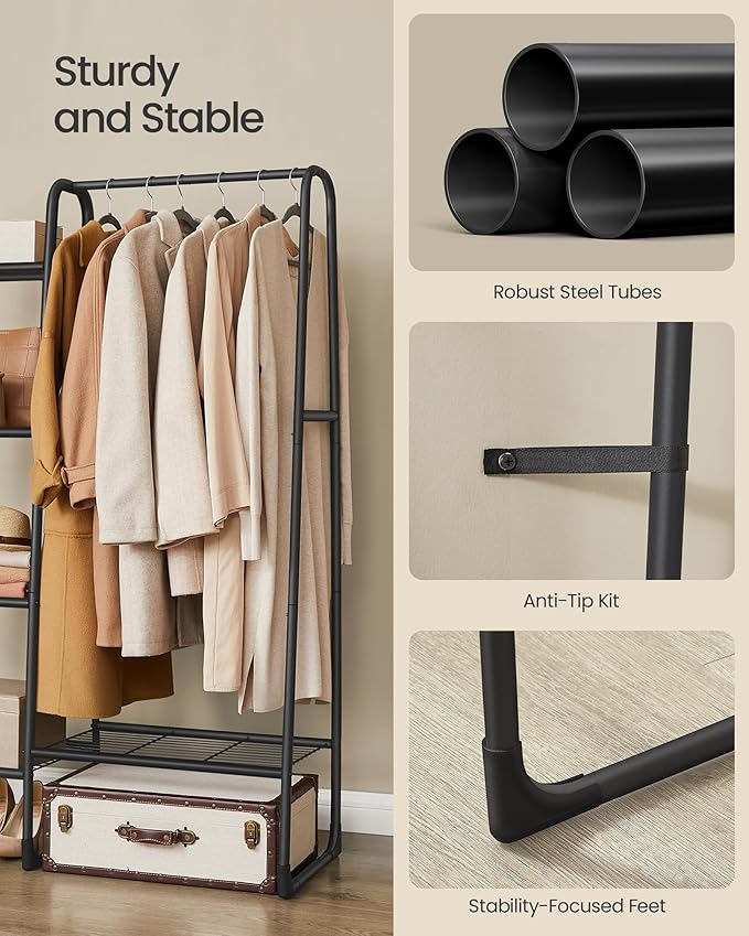 Tøjstativ, fritstående med metalramme, 5 opbevaringshylder, mål 40 x 101,7 x 153,3 cm i mat sort