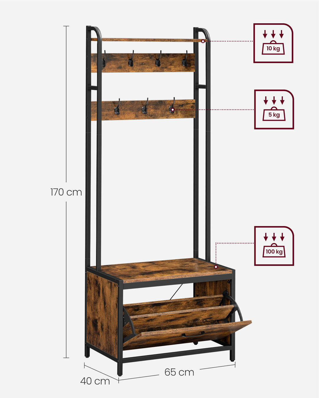 Garderobestativ med skoopbevaring, 7 kroge og øverste hylde,D40 x B65 x H170 cm, brun