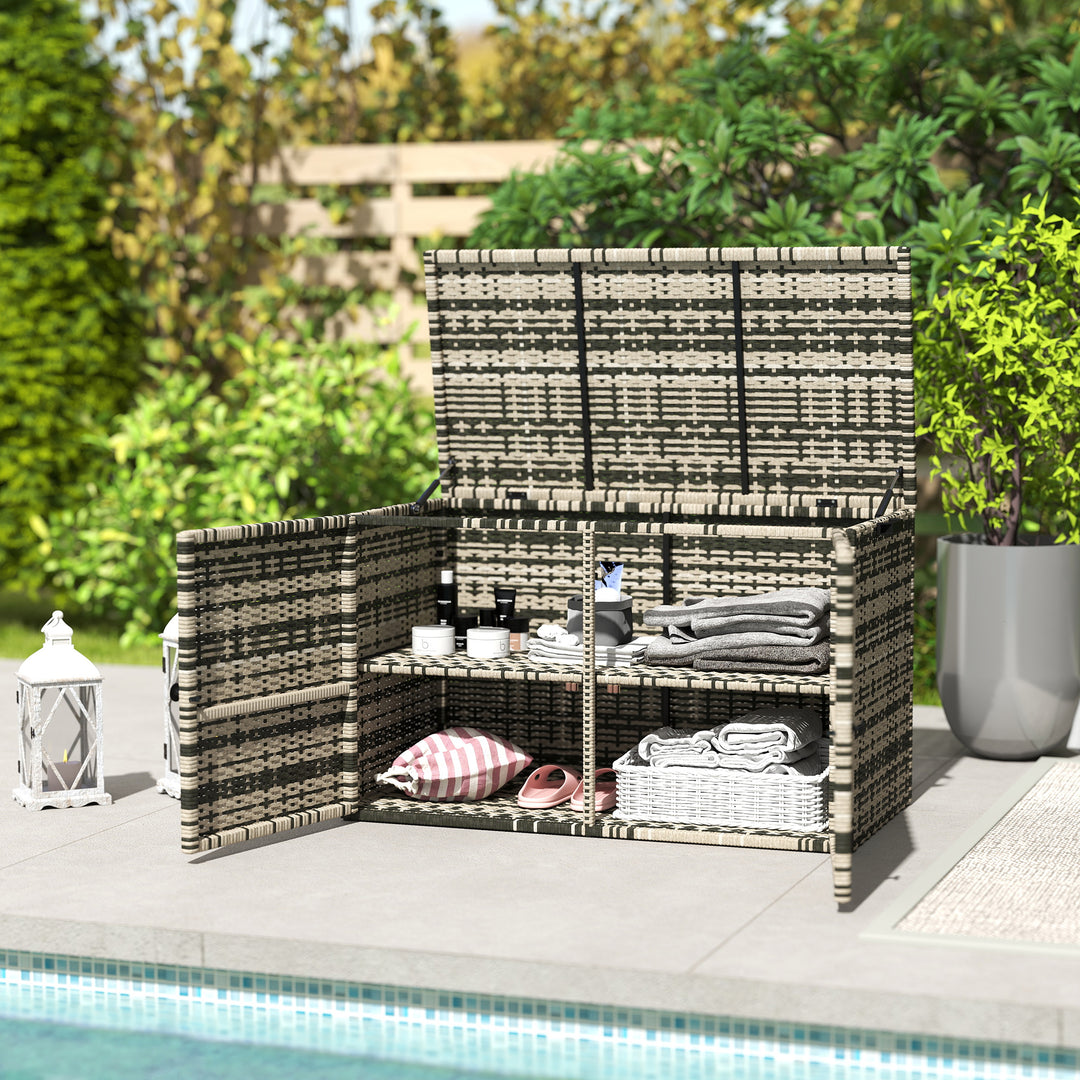 Rattan opbevaringskasse 350l 2-niveau hyndekasse med låg løftestænger bærehåndtag 118 x 57 x 69 cm blandet grå
