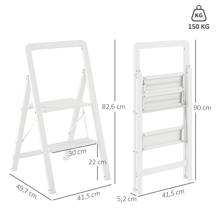 2-Trins trappestige, aluminium foldbar, skridsikker platform, hvid