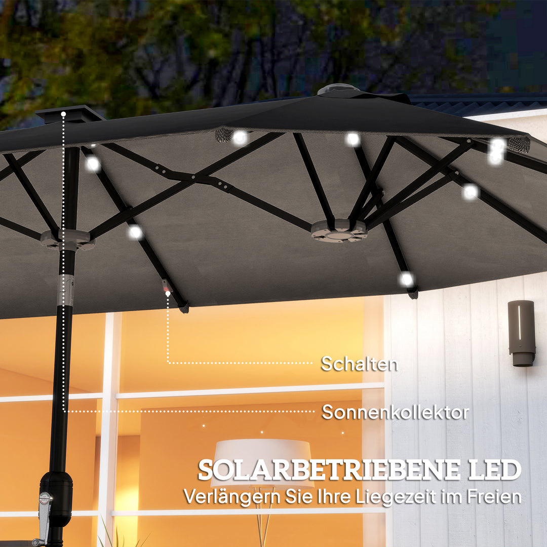 Dobbelt parasol, terrasseparasol, vipbar, med solpanel, 35 LED'er, stålramme, grå, 2,92 x 1,50 x 2,18 m