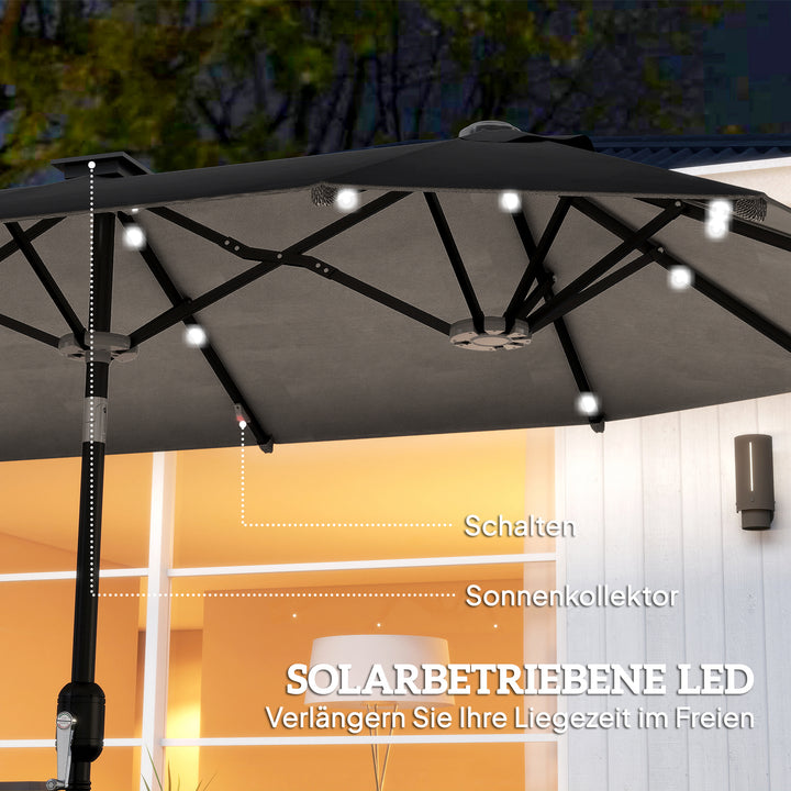 Dobbelt parasol, terrasseparasol, vipbar, med solpanel, 35 LED'er, stålramme, grå, 2,92 x 1,50 x 2,18 m