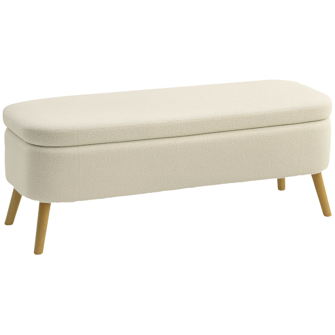 Opbevaringsbænk, bænk med 65 L opbevaringsplads, teddy fleecestof, gummitræ, 120 x 42 x 45 cm, beige