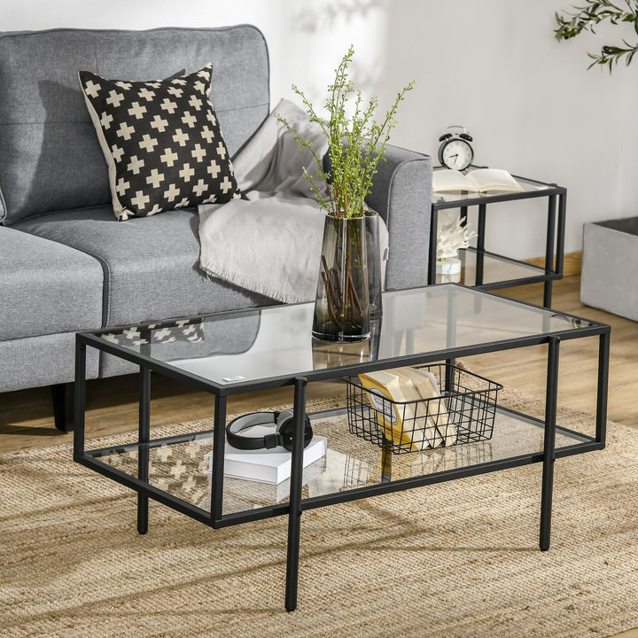 Sofabord med hylde, justerbare fødder, stålstel, glasplade, 100 x 55 x 45,5 cm, hvid