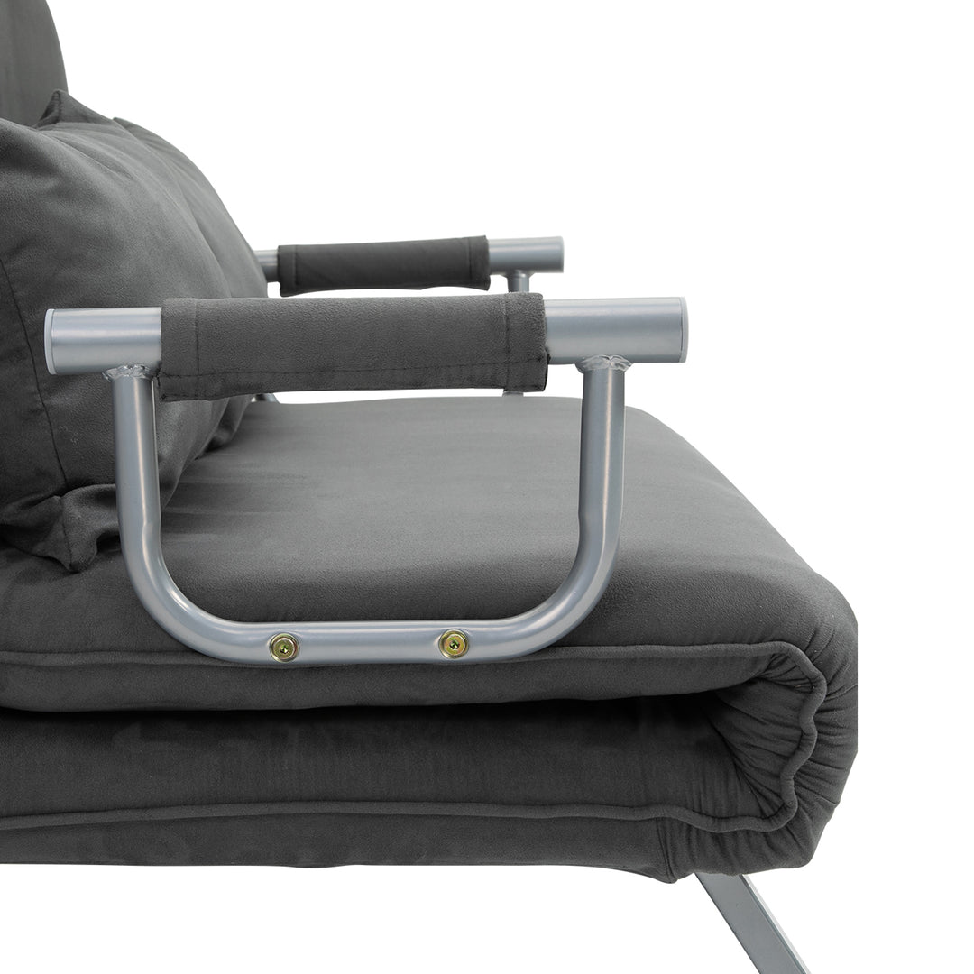 Sovesofa med justerbar ryglæn, pyntepuder, sofa med sovefunktion, fløjlslook, armlæn, gæsteseng, klapstol til stue, soveværelse, grå