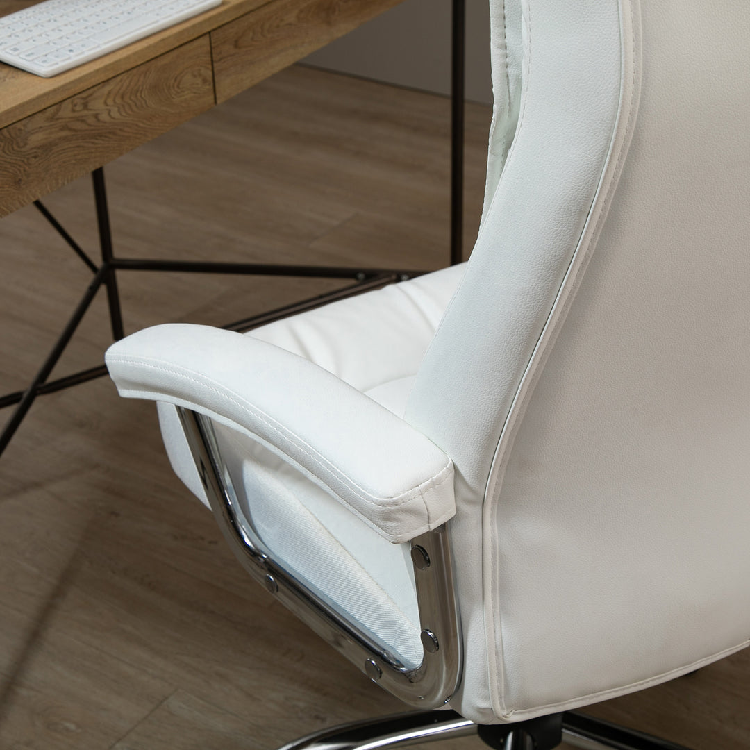 Kontorstol, ergonomisk skrivebordsstol, højdejusterbar drejestol med vippefunktion, diamantmønster, kunstlæder, polstret chefstol, hvid