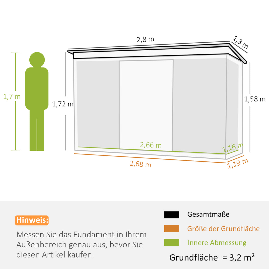 Metal redskabsskur 6,3m³ 280x130x172cm redskabsskur med skydedør, vejrbestandigt havehus, udendørs haveskur, skab til baghave, udendørsområde, antracit, mørkegrøn
