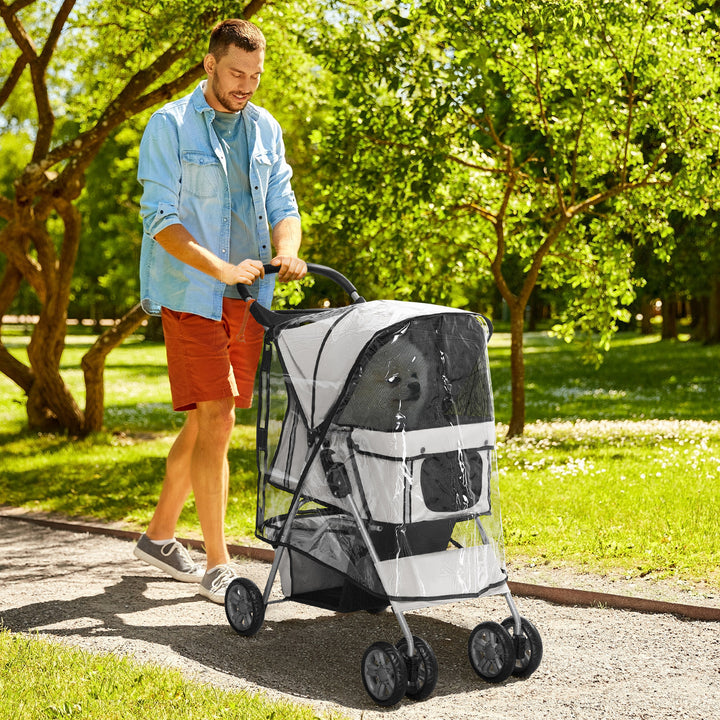 Dog buggy hundevogn op til 10 kg sammenklappelig regnovertræk bundkurv 2 kopholdere 75 cm x 45 cm x 97 cm grå