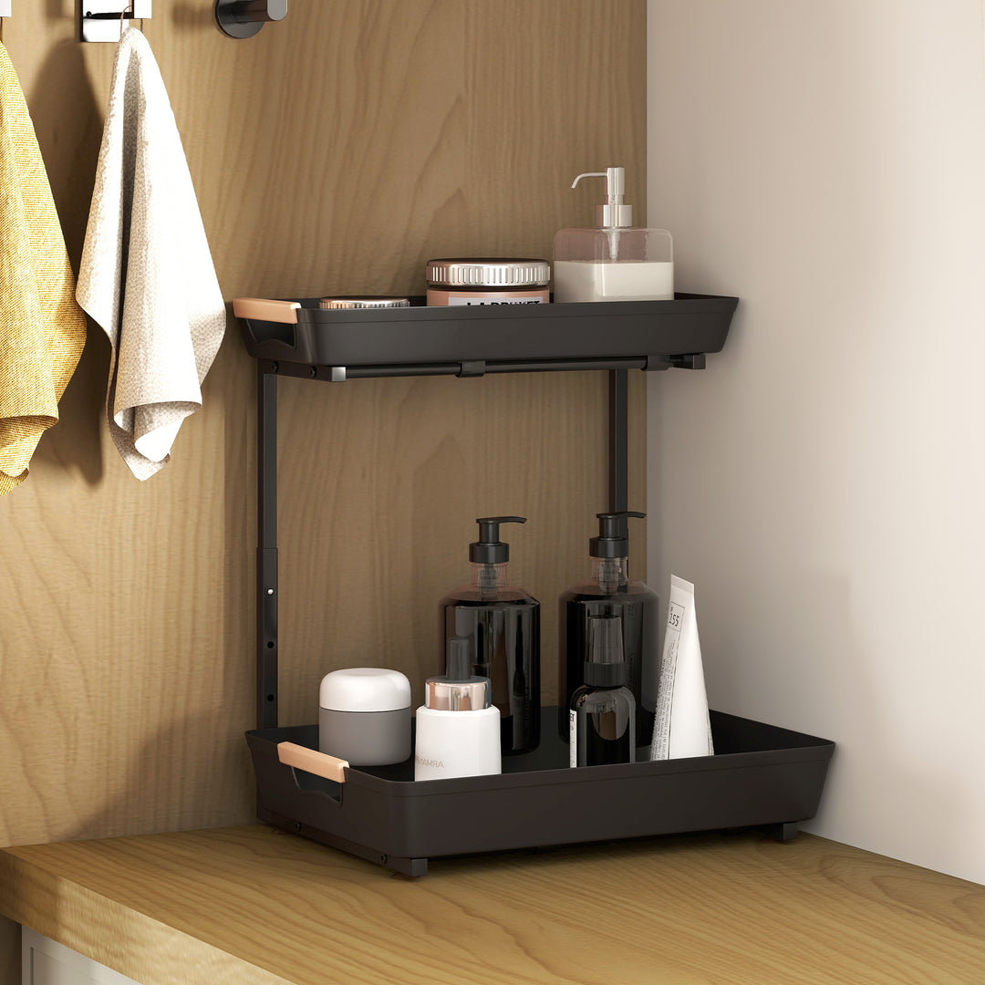 Køkkenreol, højdejusterbar stående reol med 2 kurve, kaffebar 40 x 30 x 33,5-42 cm