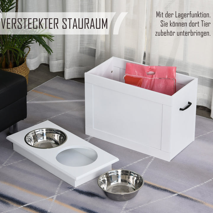 Hævet hundeskål med opbevaringsplads og vandskål, 2 x 2000ml rustfri stålskåle, hundeskåle, foderstation til hunde og katte, hvid