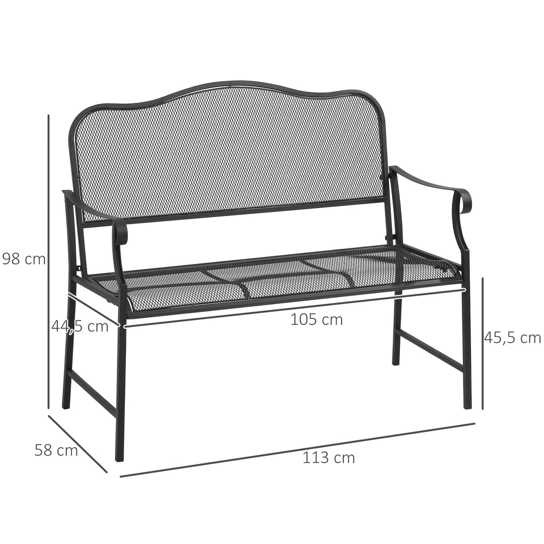 Nostalgisk metalhavebænk, 2-personers, vejrbestandig, sort, 113 cm x 58 cm x 98 cm
