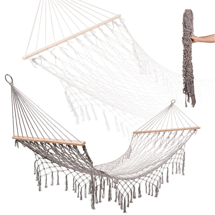 Havehængekøje boho mesh kvast 200cm grå