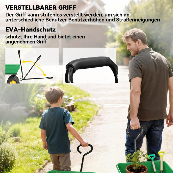 Havevogn med vippefunktion, op til 200 kg, trækvogn med 75-liters plastikbeholder, trækhåndtag, luftgummihjul, mørkegrøn