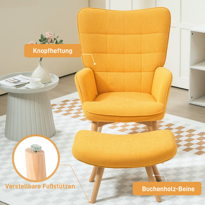 Accentstol med skammel, fløjlsbøjlelænestol, lænestol med træben, til stue, orange