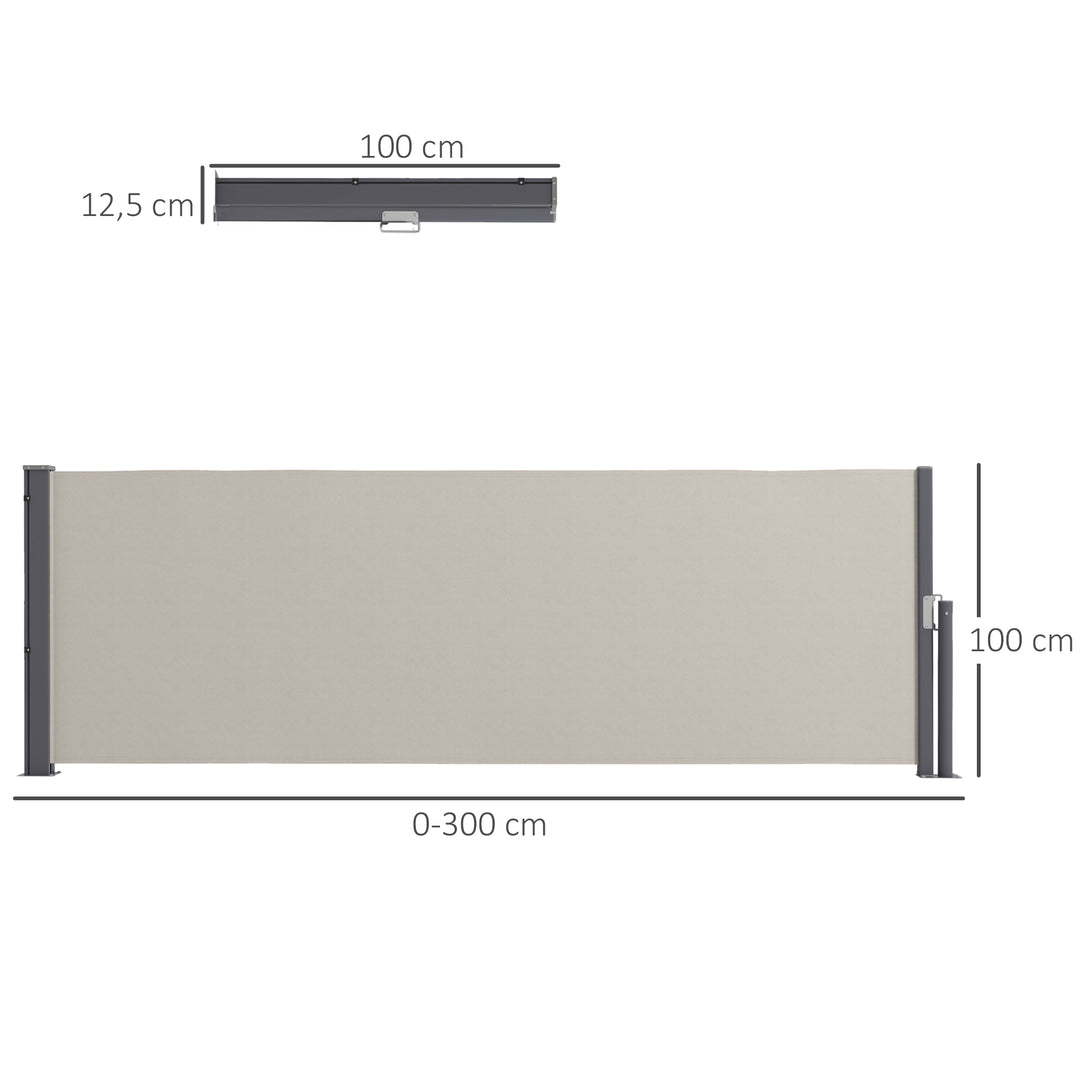 Sidemarkise, rullegardin, udtrækkelig, skærm, aluminium/polyester, 3 x 1 m, lysegrå
