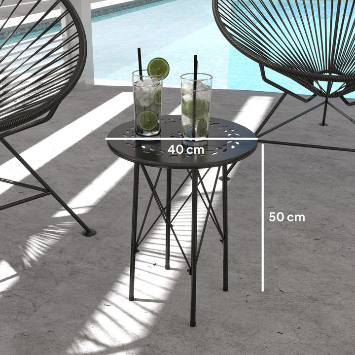 Havebord, rundt terrassebord med blomstermønster, stål, bistrobord til indendørs og udendørs brug, sort