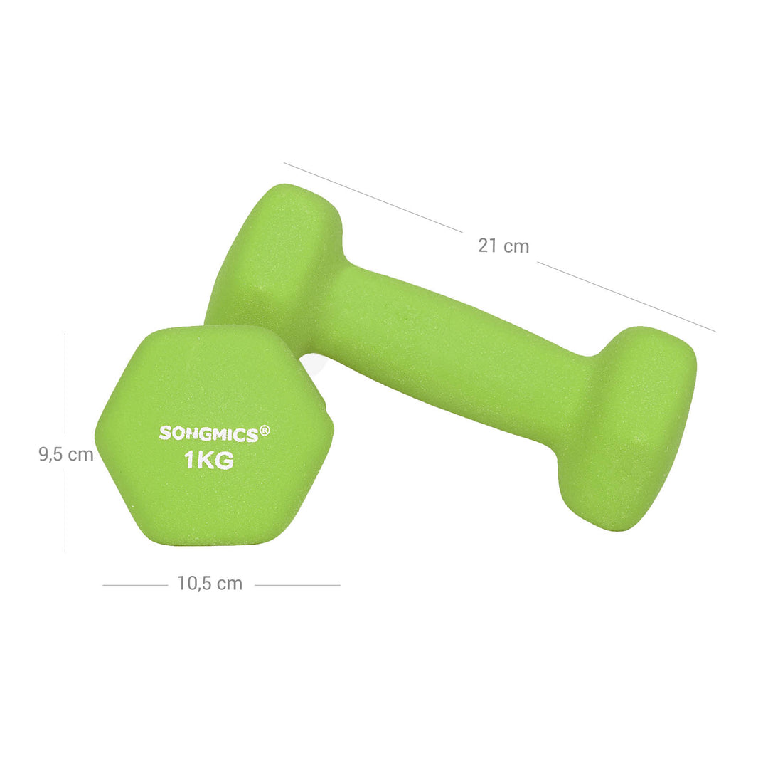 Håndvægte, sæt med stativ - 2 x 1 kg, 2 x 2 kg, 2 x 3 kg, neoprenmat finish, farver: lime, teal og lys grå, robust støbejern med blødt greb