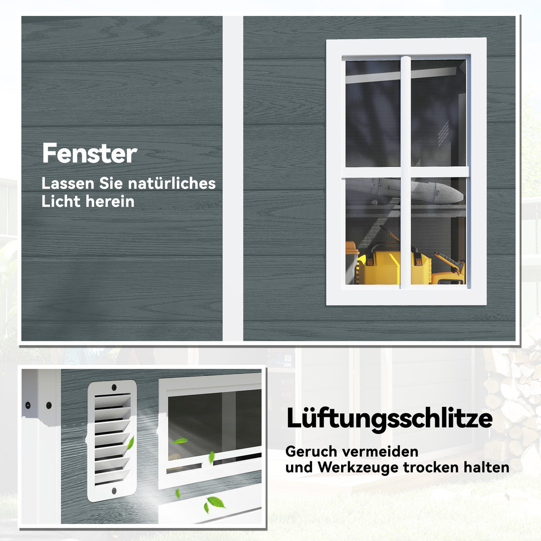 Haveskur 2,89 m², redskabsskur med trælook, 3 vinduer, dobbeltdør, ventilation, gulv, lås, 182 x 182 x 196 cm