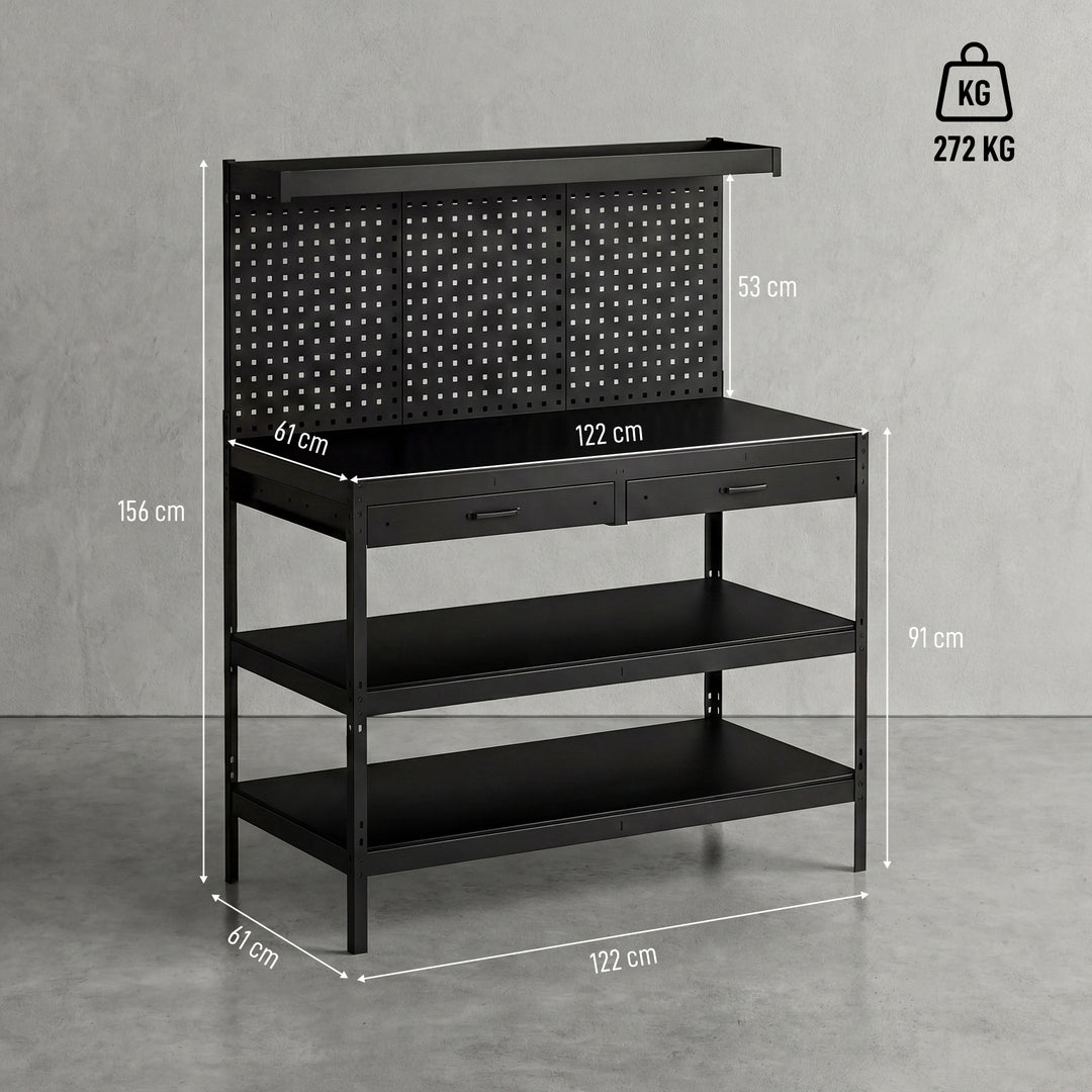 Arbejdsbord med justerbare hylder, robust arbejdsstation med hulbræt og 2 skuffer, 122 x 61 x 156 cm, sort