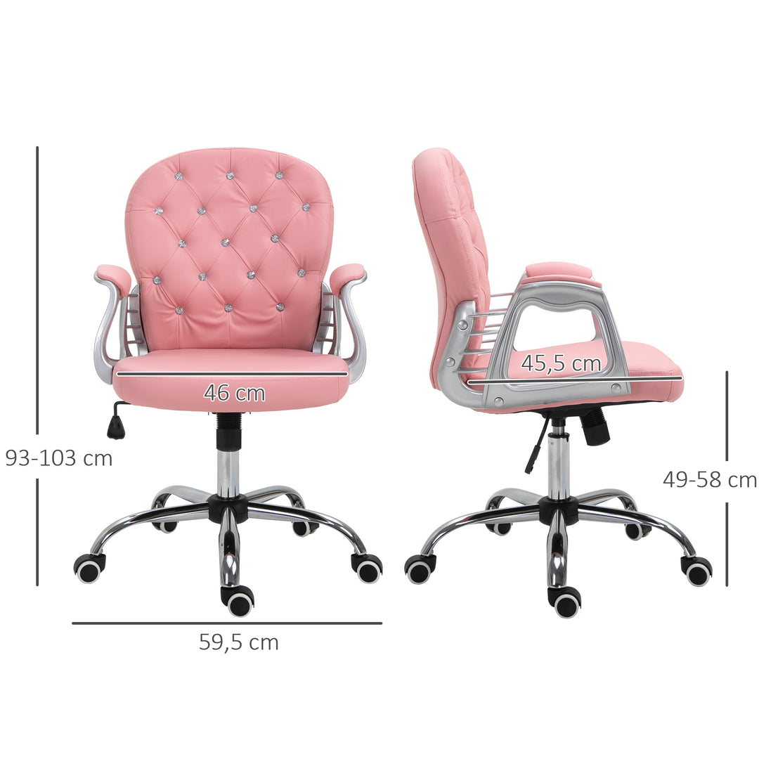 Kontorstol, ergonomisk skrivebordsstol med armlæn, polstret ryglæn, højdejusterbar computerstol med kunstlæderlook, drejestol til hjemmekontor, lyserød