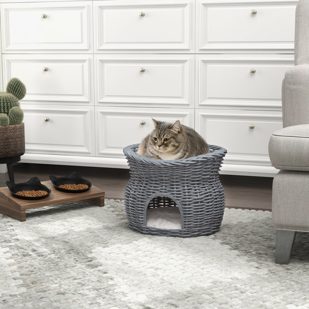 Rattan flettet kattekurv kattehus med 2 bløde puder kattekurv kæledyrsseng lavet af vandhyacint til stue grå 56 x 37 x 40 cm