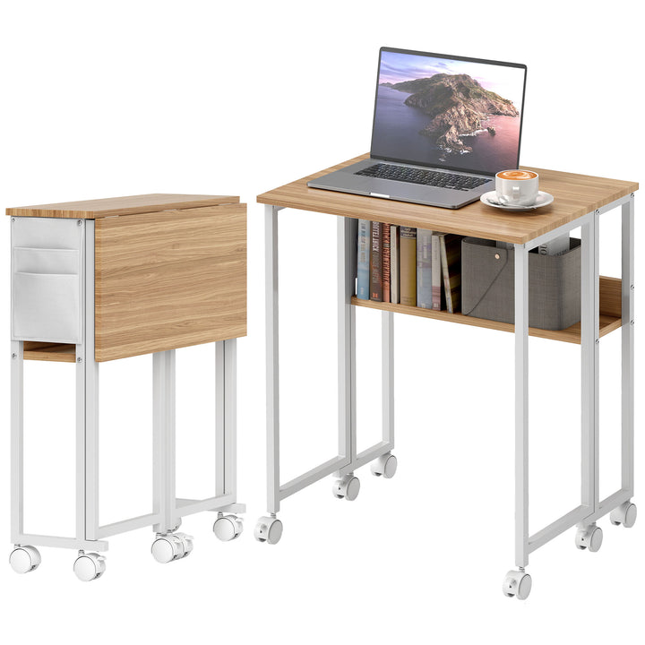 Sammenklappeligt skrivebord, kan omdannes til sidebord, åben hylde, naturlig