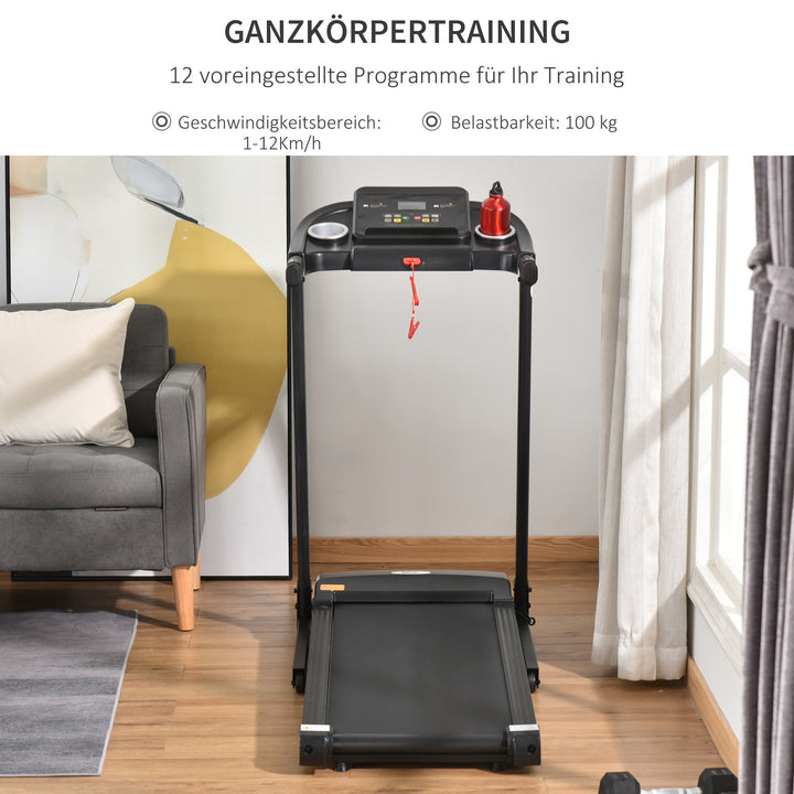 Løbebånd foldbart elektrisk 500 w 1-12 km/t led display kopholder og mobiltelefonholder meget velegnet til hjemmefitness indendørs fitness sort 134 x 60 x 118 cm