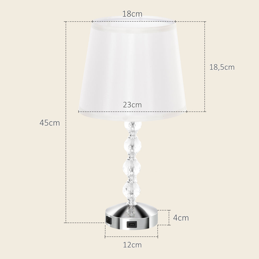 Krystal bordlampe, touch afbryder, usb opladningsport, ø23x45 cm, sølv