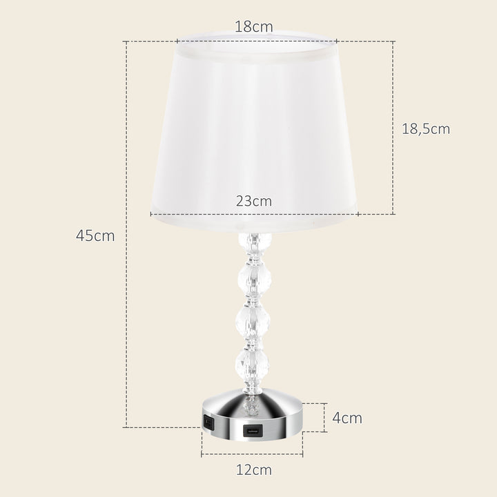 Krystal bordlampe, touch afbryder, usb opladningsport, ø23x45 cm, sølv