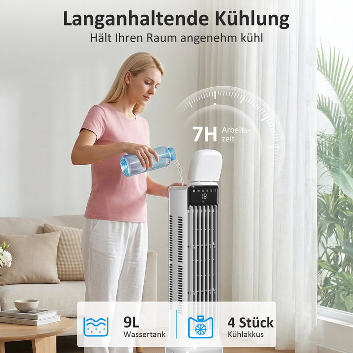 Bærbar luftkøler, 3-i-1 fordampningsluftkøler med 9-liters vandtank, 48° oscillation, 3 hastigheder, 3 tilstande, hvid