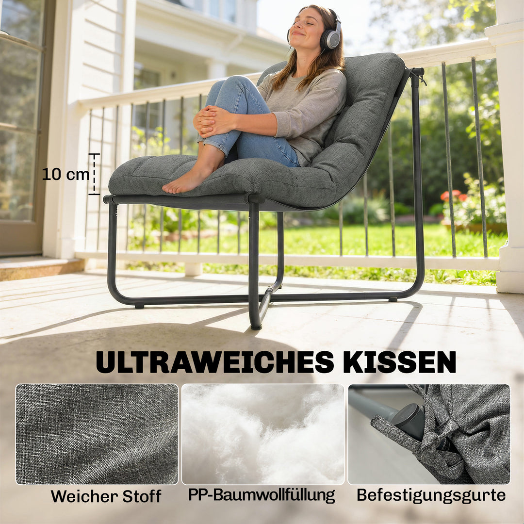 Udendørs loungestol, ergonomisk havestol med hudvenlige hynder, bredt sæde, stålstel, mørkegrå