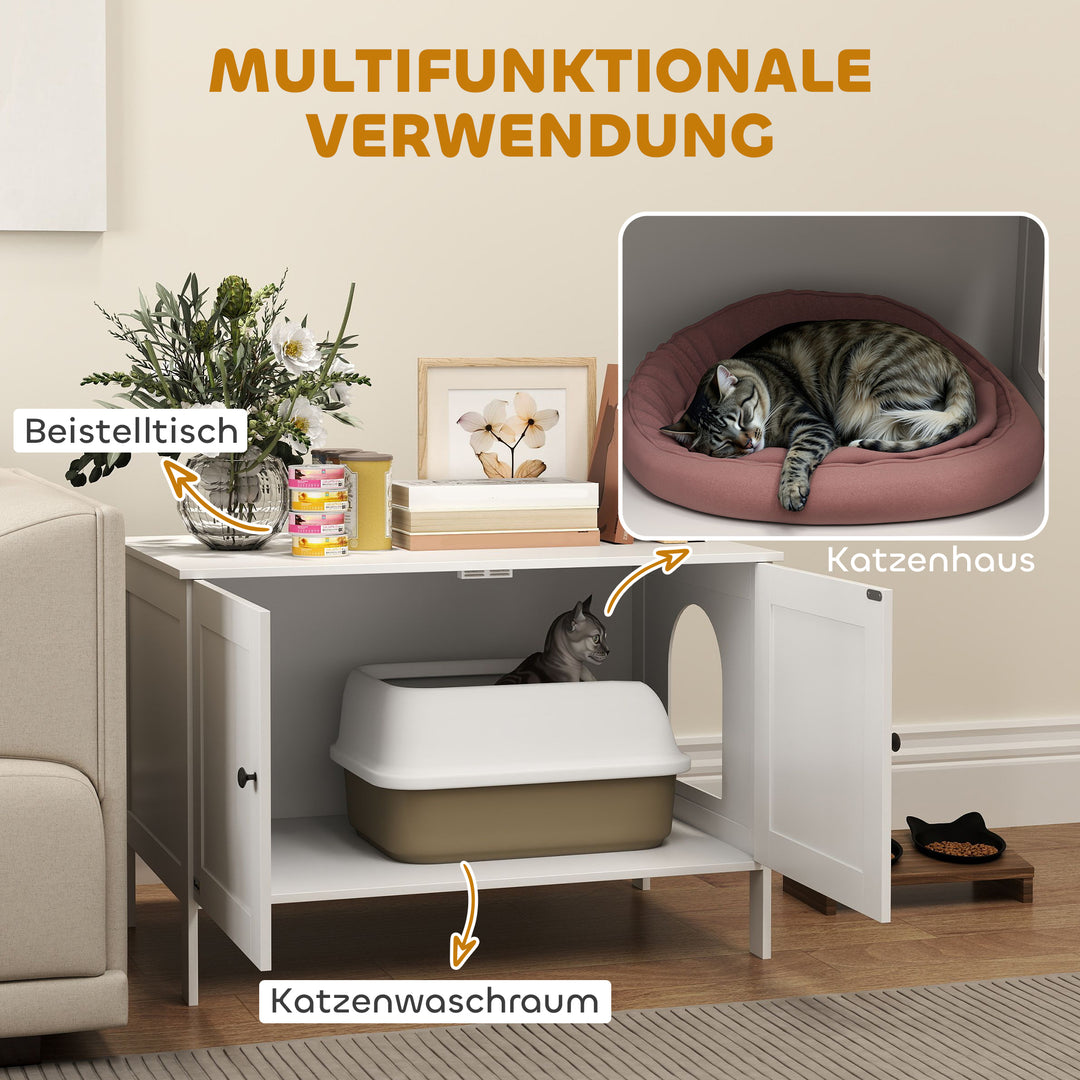 Kattebakkeskab med dørskillevæg kattebakke til store katte 80 x 51 x 54 cm hvid