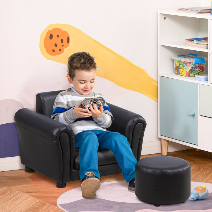 Børnelænestol med fodskammel, børnesofa, børnesofa, minisofa til 1,5-3 år gamle børn, børnemøbler, træ, sort, 54 x 42 x 41 cm