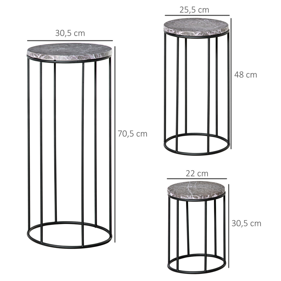 Sæt med 3 metalblomsterstativer, plantestativer i marmorlook, stabelbare blomsterpotteholdere, sort og grå