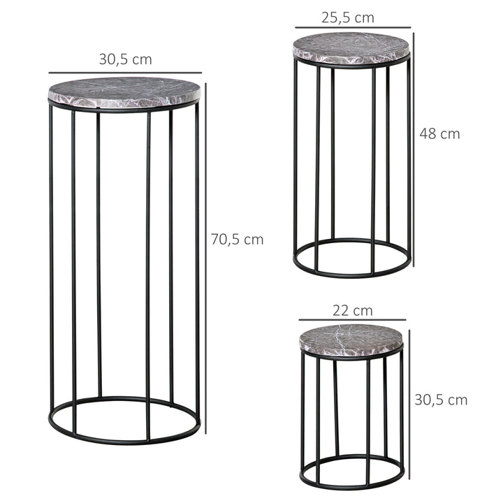 Sæt med 3 metalblomsterstativer, plantestativer i marmorlook, stabelbare blomsterpotteholdere, sort og grå