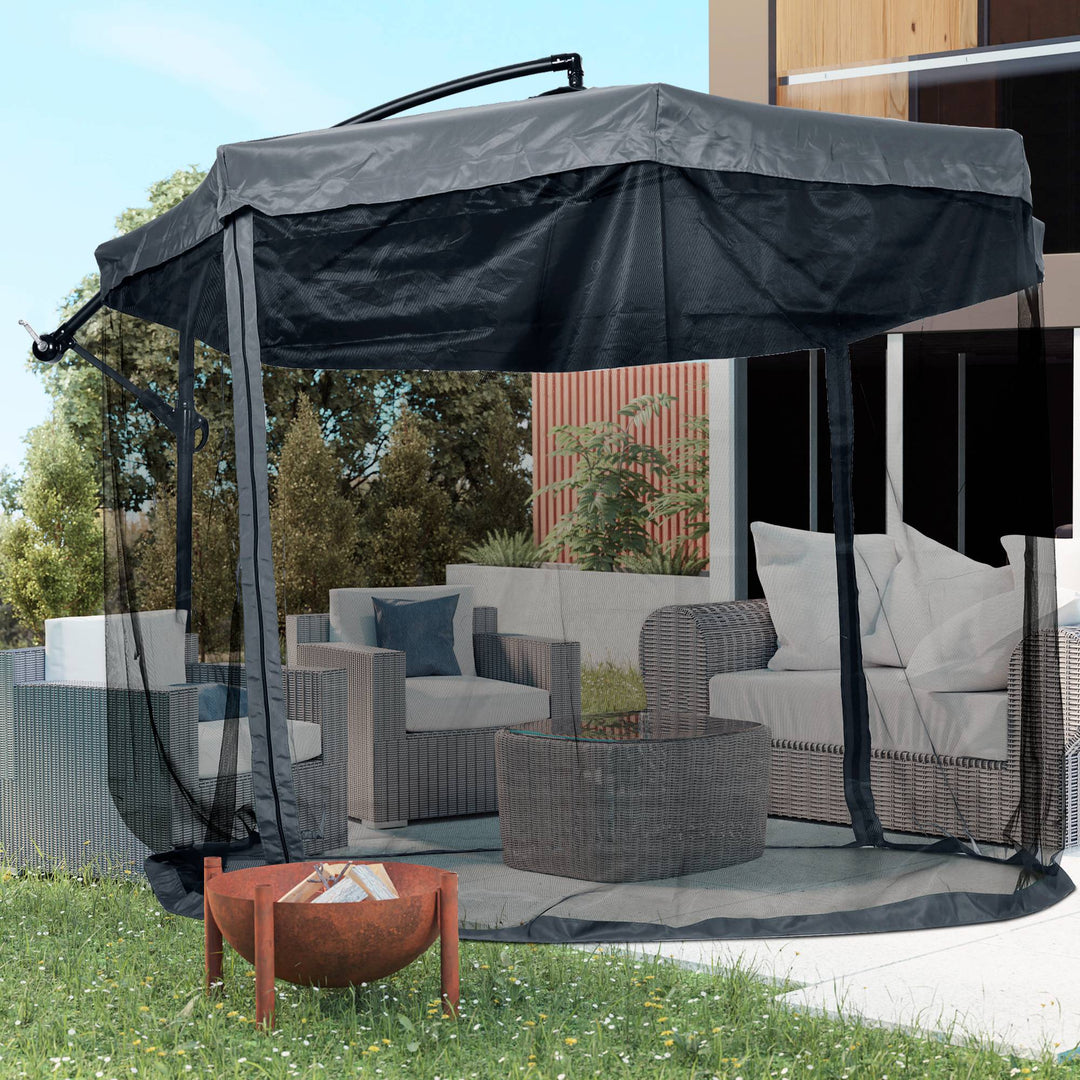 Fritstående parasol Ø3m, drejelig, håndsving, rustfrit stål, polyester, mørkegrå/sort