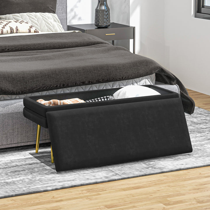 Polstret bænk med opbevaring, stål, 100 cm x 37,5 cm x 42 cm, sort