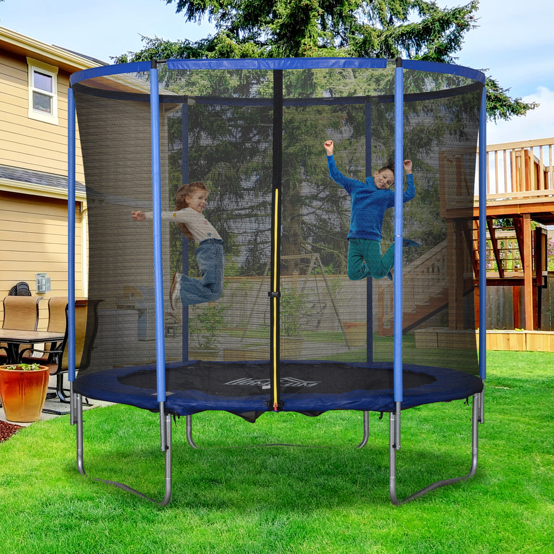 Trampolin med sikkerhedsnet havetrampolin til indendørs og udendørs brug fitnesstrampolin til børn og voksne stålblå+sort op til 113,6 kg ø244 x 240h cm